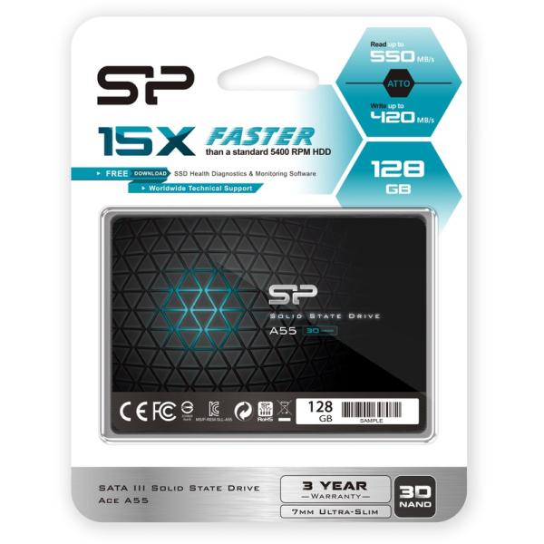 Siliziumleistung Silizium SP128GBSS3A55S25 ACE A55 SSD, 128 GB, 7 mm 2,5 Zoll, SATA3, 3D -NAND, SLC -Cache