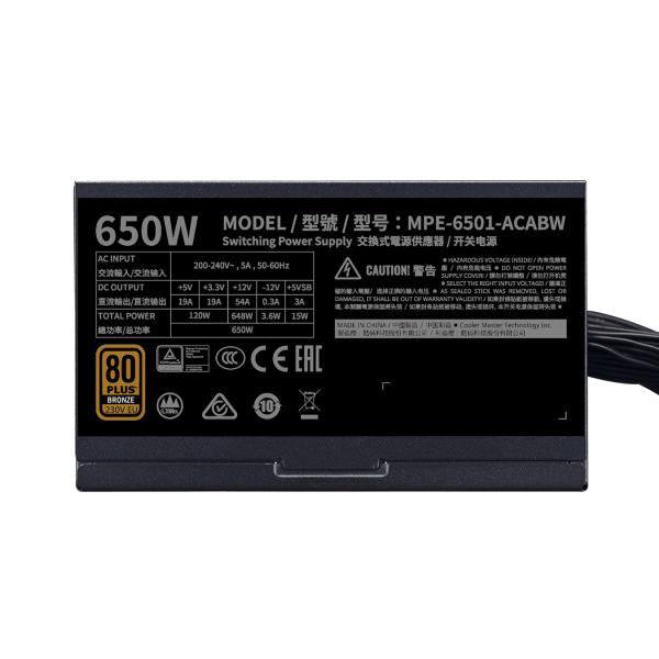Cooler Master Cooler MPE-6501-Aabw-be MWE 650 Bronze V2, ATX, 650 W, DC-to-DC + LLC, 88%, 120 mm, Schwarz