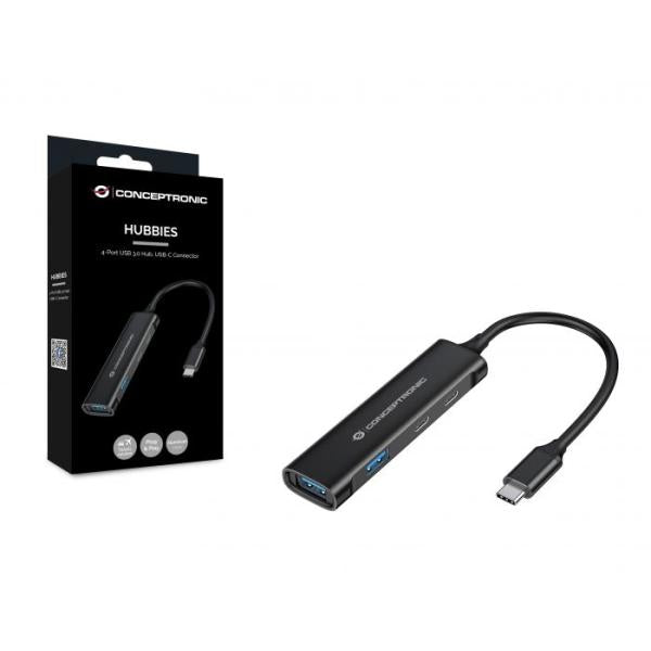 Concepttronic Hubbies12B Hubbies 4-Port USB 3.0 Hub, 2 USB-C 2 USB-A-Ports, Aluminium-Fall, USB-C