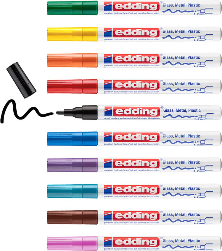 Edding 751 Lackmarker – Rundspitze 1-2 mm – Box mit 10 Stück mit verschiedenen Farben – Lackstift zum Markieren und Beschriften von Metall, Glas, Stein oder Kunststoff – permanent, wisch- und wasserfest