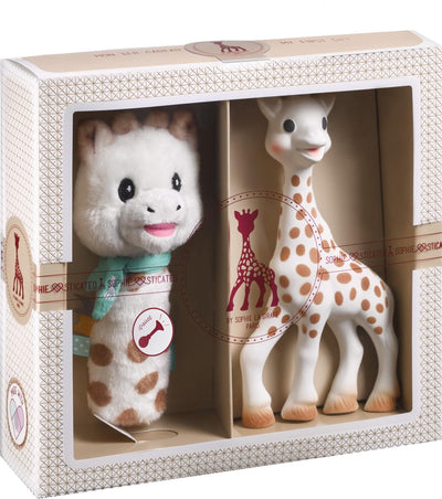 Anspruchsvolles Geschenkset „Sophie die Giraffe“ – Babyspielzeug – Quetschrassel – Geschenk zur Mutterschaft – Geschenk zur Babyparty – 4-teilig