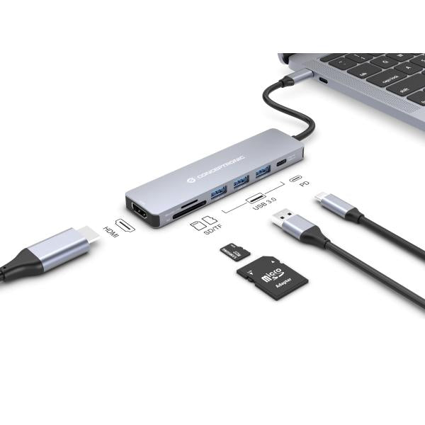 Concepttronic Concepttronic Donn19g 7-in-1 USB 3.2 Gen 1 Docking Station, HDMI, USB-A 3.0 x 3, SD, TF MicroSD, 100W