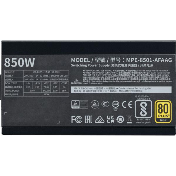 Cooler Master MPE-8501-Aadeu MWE Gold 850 V2 ATX3.1 Schwarz, 850W, 90% @TYP, 120 mm, 4x PCIe 6+2
