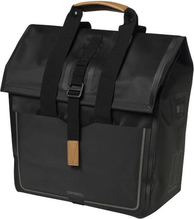 Basil Urban Dry Shopper - wasserdichter Fahrrad-Shopper, Details aus veganem Leder, verstellbarer Verschluss, Reflexion, mattschwarz