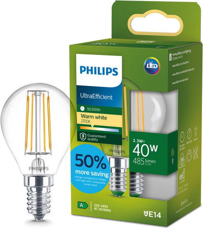 Philips LED Philips ultraeffiziente LED-Kugellampe transparent – 40 W – E14 – warmweißes Licht – Energielabel a