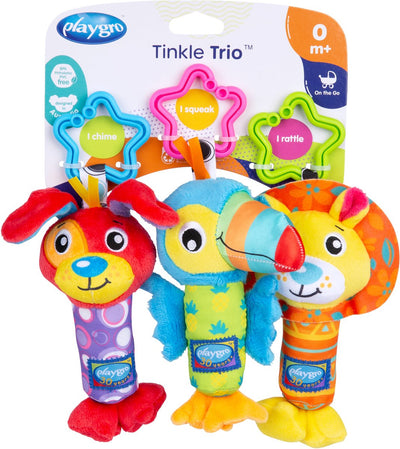 Playgro Tinkle Trio – Hängespielzeug – Kinderwagenspielzeug – Rassel – Kinderwagenzubehör – Buggy-Zubehör – Lernspielzeug – Stofftier – Quetschspielzeug Baby – Entwicklungsspielzeug Baby – weiches Babyspielzeug 3-teilig