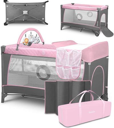 Lionelo Flower Campingbett – 2in1 – Mitwachsendes Bett – Beistellbett – Lockguard – Tragetasche – Reisebettbox – praktischer Seiteneingang mit Reißverschluss – hochwertige Schaumstoffmatratze – Schnellklappsystem – Multifunktionsbox und Reisebett