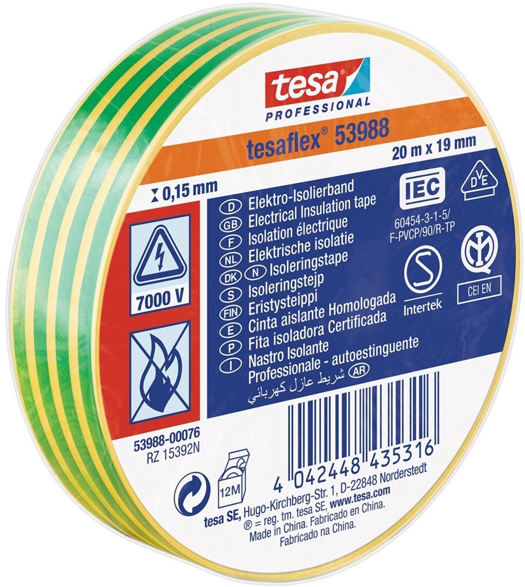Tesa Professional 1064507 - Tesa 53988 Elektronik-Isolierband 20 m 19 mm gelbgrün | 10 Stück