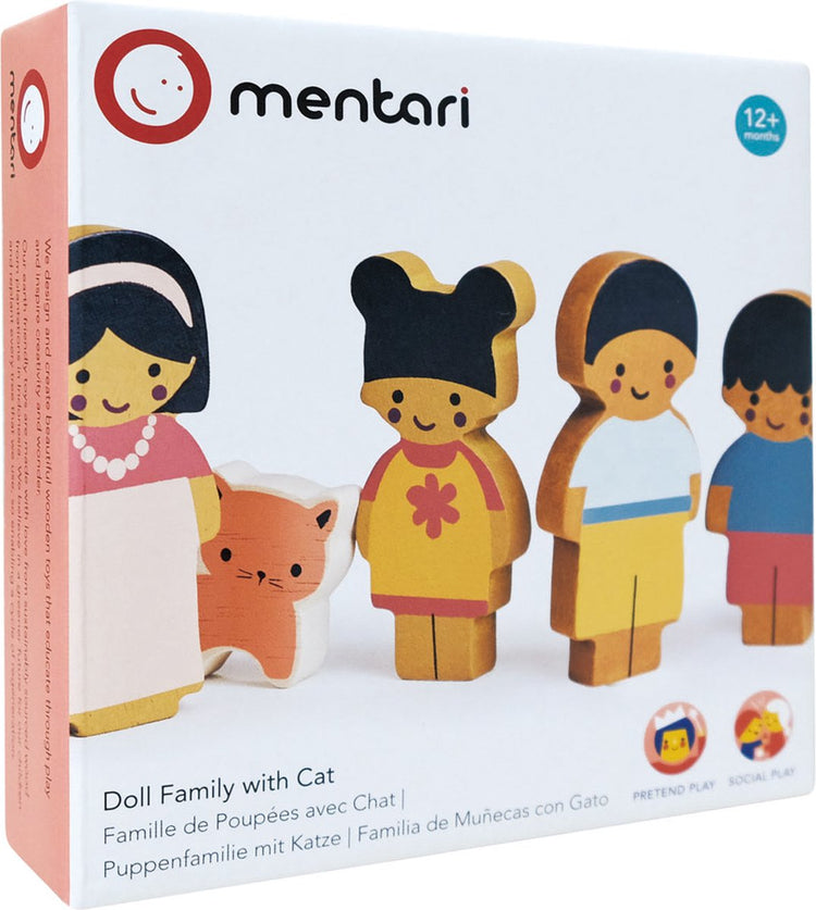 Mentari Kastaniengasse - Puppenfamilie mit Katze - 5 Figuren - Holz - 1 Jahr