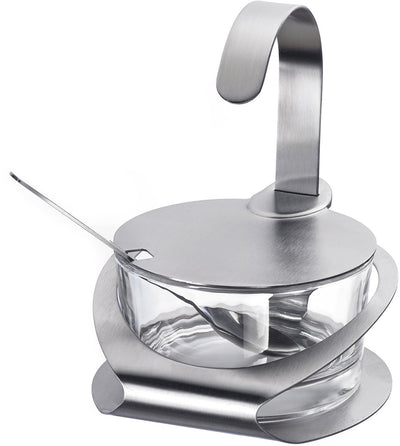 Westmark Käse- und Zuckerdose, mit Halter, Deckel und Löffel, 4-teilig, Fassungsvermögen: 150 ml, Edelstahlglas, weiß, silber transparent, 65112260