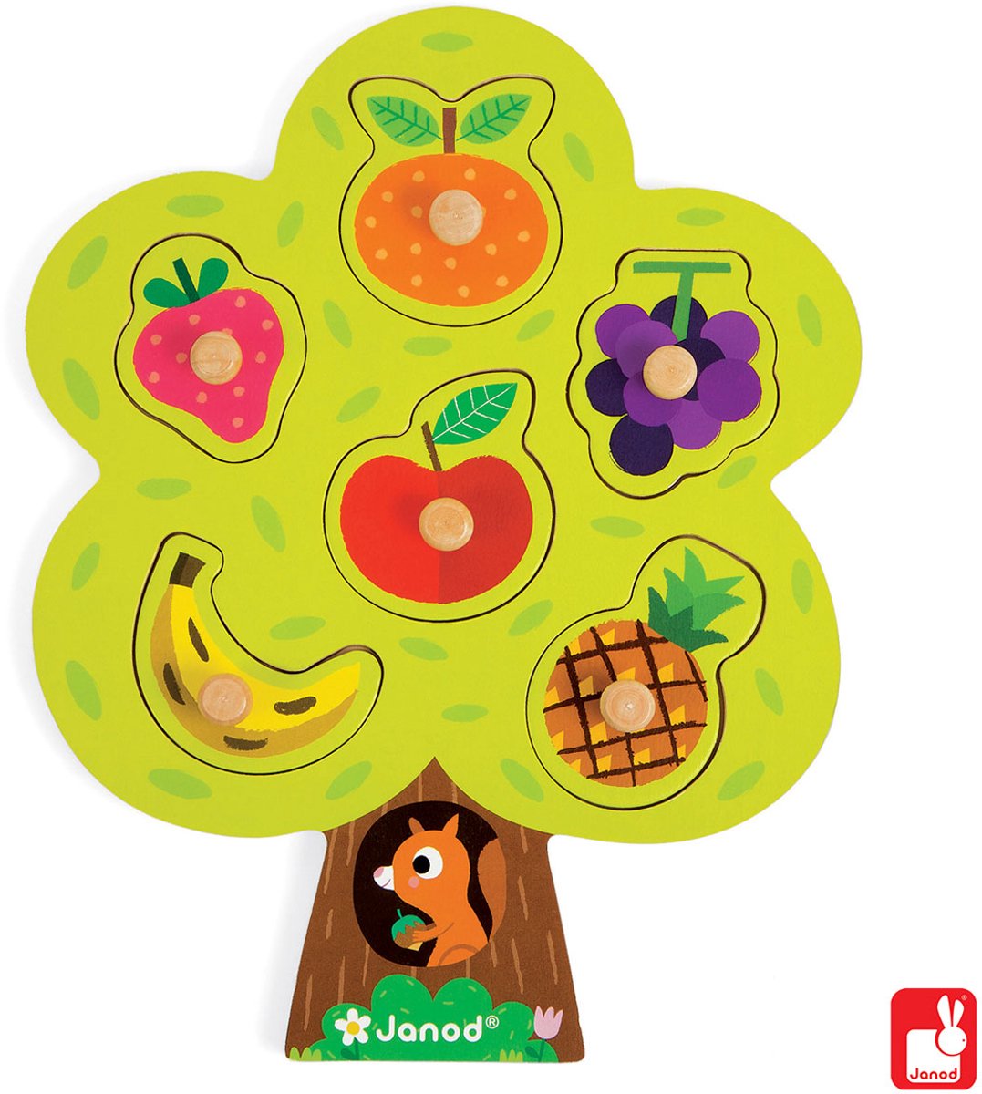 Janod Knopfpuzzle – Obstbaum – Holzpuzzle mit 6 Teilen – die Holzstifte an jedem Teil erleichtern das Greifen – geeignet ab 18 Monaten