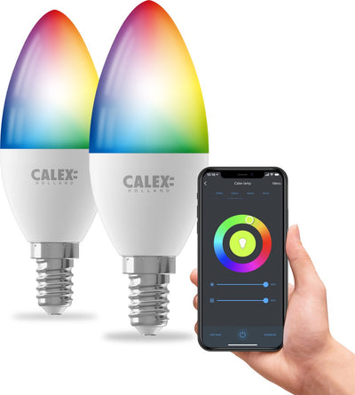 Calex Smart-Lampe – 2er-Set – WLAN-LED-Beleuchtung – E14 – Smart-Glühbirne – dimmbar – RGB und weißes Licht – 4,9 W