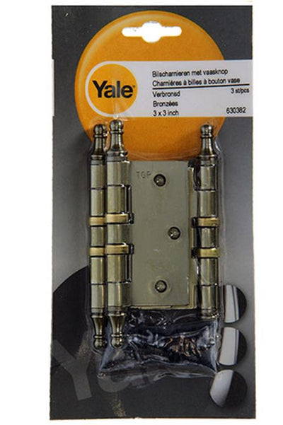 Yale 1019139 – 3 Scharniere mit kugelgelagertem bronziertem Vasenknopf 76 x 76 mm | 2 Stk