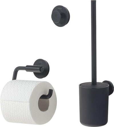 Tiger Urban Toilettenzubehörset – Toilettenbürste mit Halter – Toilettenpapierhalter ohne Klappe – Handtuchhaken – Schwarz
