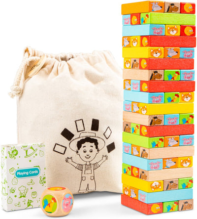 Woet® Holzklotzturmspiel – Bunter Stapelturm mit Tieren – FSC – Balance- und Beweglichkeitsspiel für Kinder – ab 3 Jahren
