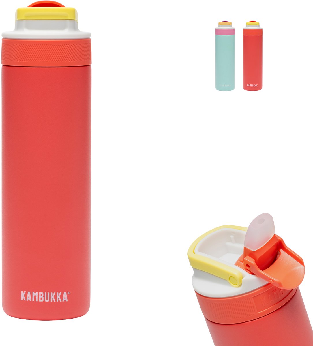 Kambukka Lagoon isolierte Wasserflasche 600 ml – fluoreszierende Fantasie mit integriertem Strohhalm – fluoreszierendes Rot