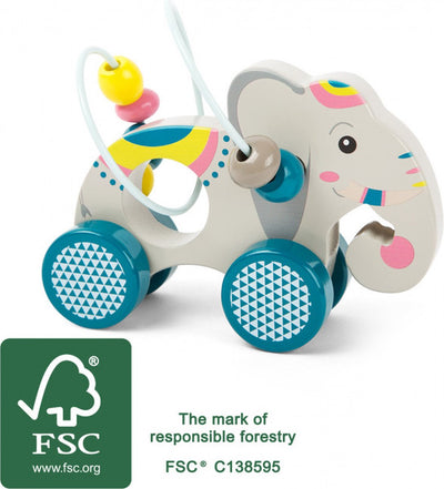Kleiner Fußholz -Push -Figur Elefant mit Motorpiral