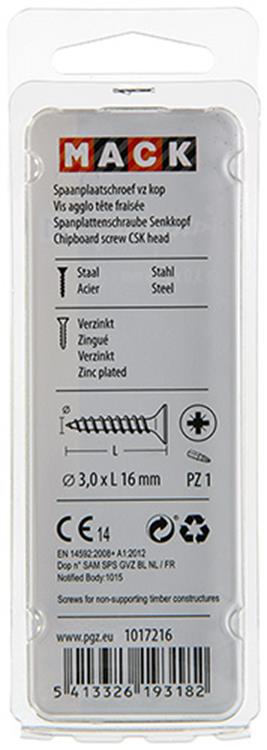 Mack 1017216 - Spanplattenschraube mit Kopf gelb plattiert 50 Stück 3,0 x 16 mm | 10 Stück