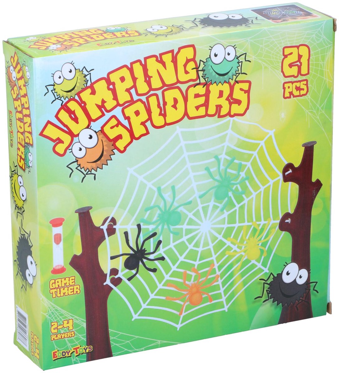 Eddy Toys Springspinnen Spiel 21-teilig – Spiel für Kinder ab 3 Jahren – Springspinnen auf Spinnennetz – Geschicklichkeitsspiel mit Sanduhr – Brettspiel für 2-4 Spieler