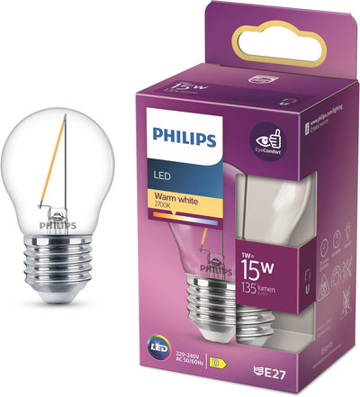Philips LED-Lampe – Kugellampe mit E27-Fassung – warmweißes Licht: 2700 K – 15 W – klares Glas
