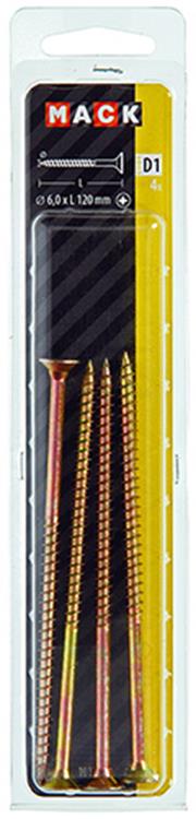 Mack 1017268 – Spanplattenschraube mit Kopf gelb beschichtet. 4 Stück 6,0 x 120 mm | 5 Stück