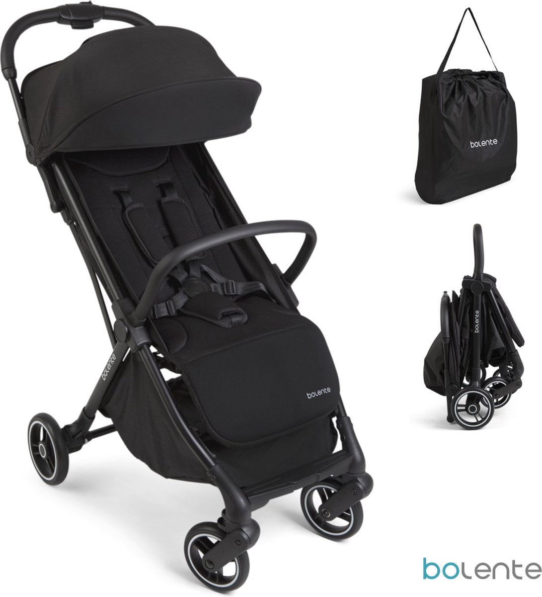Bolente Beetle Kompaktbuggy schwarz | klein faltbar | leicht | Reisebuggy | zusammenklappbarer Buggy | Kinderwagen | 0 bis 4 Jahre | inklusive Tragetasche