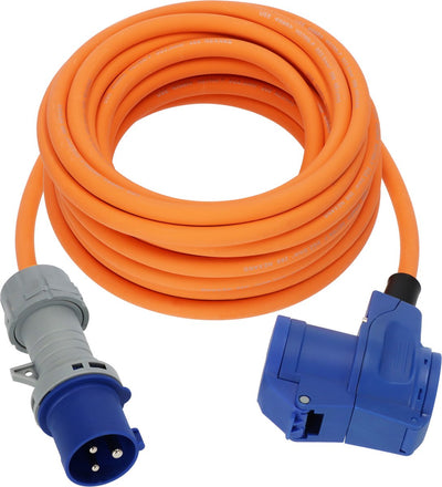 Brennerstuhl CEE-Camping-Verlängerungskabel 10m Kabel in Orange (CEE-Stecker und Winkelkupplung inkl. Schutzkontakt-Kombisteckdose mit LED-Spannungsanzeige, 230V 16A, für den dauerhaften Außeneinsatz, Made in Germany)
