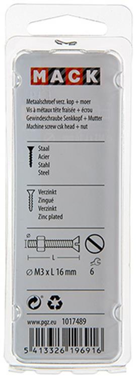 Mack 1017489 – Metallschraube verzinkt. Kopf + Mutter plattiert 27 Stück M3 x 16 mm | 10 Stück