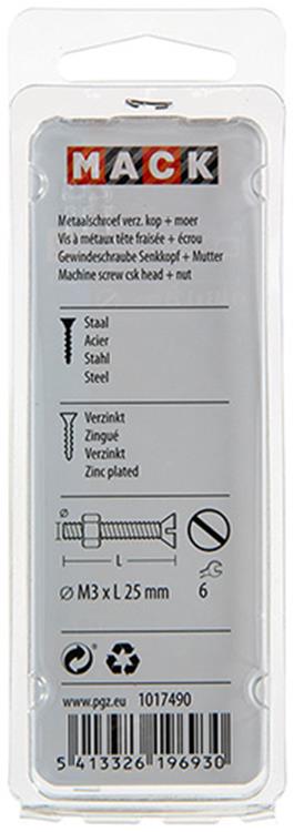 Mack 1017490 – Metallschraube verzinkt. Kopf + Mutter plattiert 22 Stück M3 x 25 mm | 10 Stück