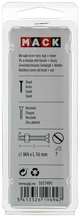 Mack 1017491 – Metallschraube verzinkt. Kopf + Mutter plattiert 20 Stück M4 x 16 mm | 10 Stück