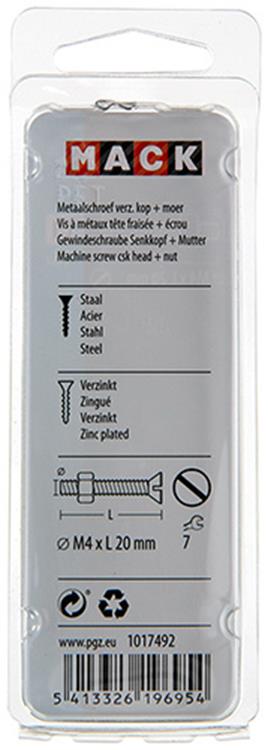 Mack 1017492 – Metallschraube verzinkt. Kopf + Mutter plattiert 18 Stück M4 x 20 mm | 10 Stück