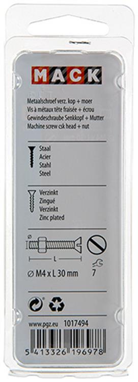 Mack 1017494 – Metallschraube verzinkt. Kopf + Mutter plattiert 14 Stück M4 x 30 mm | 10 Stück