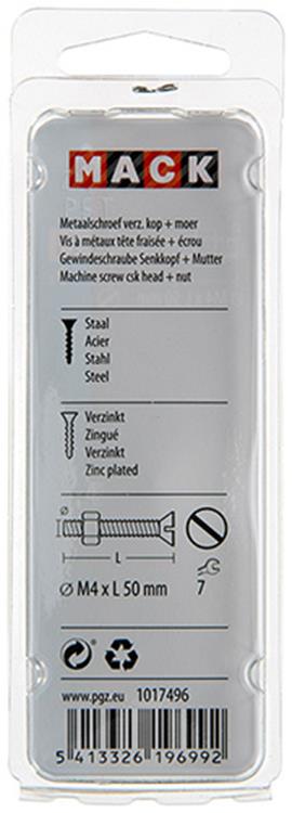 Mack 1017496 – Metallschraube verzinkt. Kopf + Mutter plattiert 9 Stück M4 x 50 mm | 10 Stück