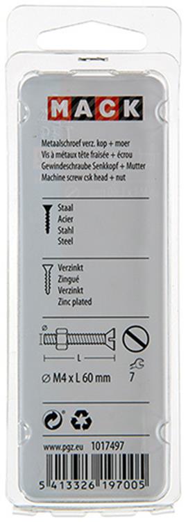Mack 1017497 – Metallschraube verzinkt. Kopf + Mutter plattiert 6 Stück M4 x 60 mm | 10 Stück
