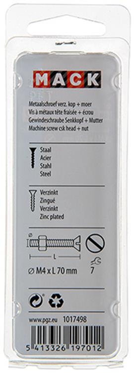 Mack 1017498 – Metallschraube verzinkt. Kopf + Mutter plattiert 4 Stück M4 x 70 mm | 10 Stück