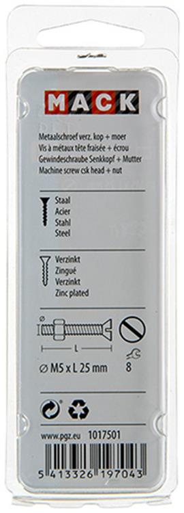Mack 1017501 – Metallschraube verzinkt. Kopf + Mutter plattiert 14 Stück m5 x 25 mm | 10 Stück