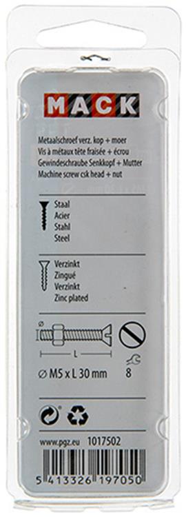 Mack 1017502 – Metallschraube verzinkt. Kopf + Mutter plattiert 13 Stück M5 x 30 mm | 10 Stück