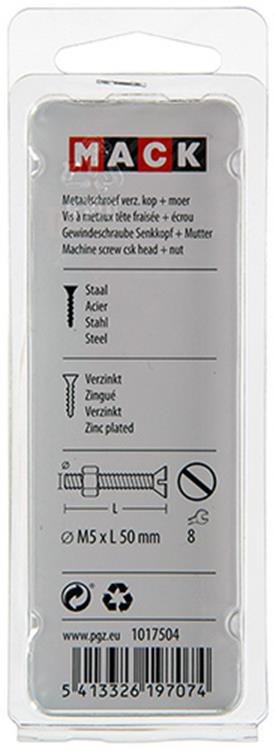 Mack 1017504 – Metallschraube verzinkt. Kopf + Mutter plattiert 8 Stück M5 x 50 mm | 10 Stück