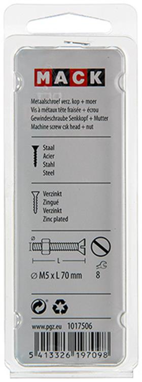 Mack 1017506 – Metallschraube verzinkt. Kopf + Mutter plattiert 6 Stück M5 x 70 mm | 10 Stück
