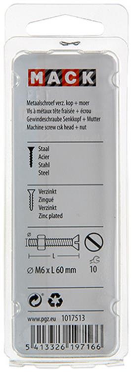 Mack 1017513 – Metallschraube verzinkt. Kopf + Mutter plattiert 5 Stück M6 x 60 mm | 10 Stück
