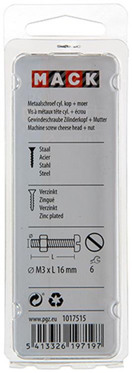 Mack 1017515 - Metallschraubzyl. Kopf + Mutter plattiert 27 Stück M3 x 16 mm | 10 Stück
