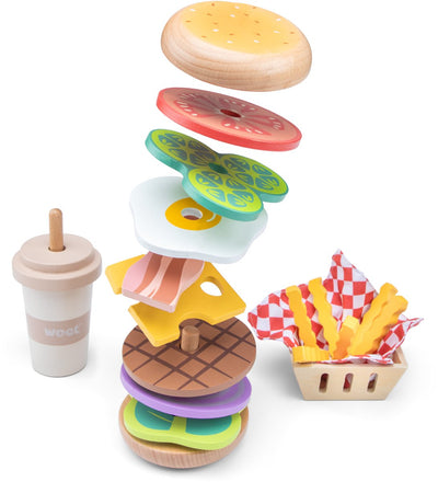 Woet® Fast-Food-Spielset aus Holz – Hamburger, Pommes, Milchshake – FSC® Spielzeugnahrung für Rollenspiele – ab 2 Jahren