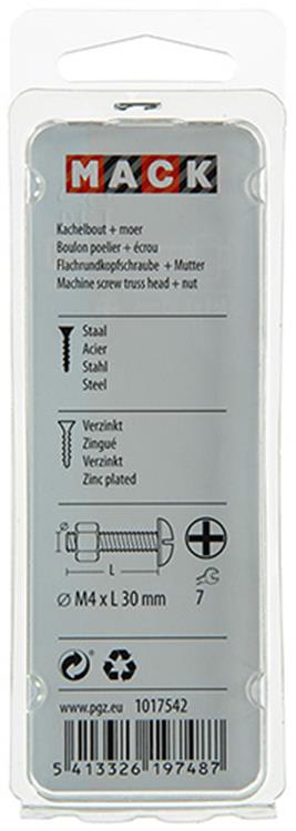 Mack 1017542 – Heizungsschraube + Mutter aus verzinktem Stahl, 16 Stück, M4 x 30 mm | 10 Stück