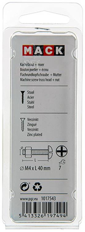 Mack 1017543 – Heizungsschraube + Mutter aus verzinktem Stahl, 14 Stück, M4 x 40 mm | 10 Stück