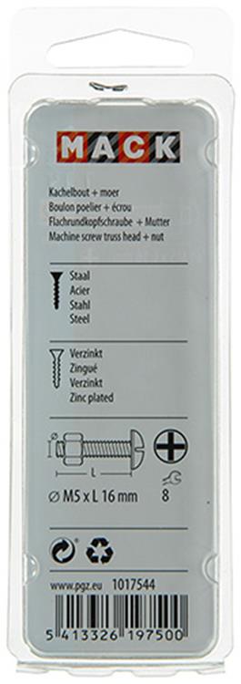 Mack 1017544 – Ofenschraube + Mutter aus verzinktem Stahl, 16 Stück, M5 x 16 mm | 10 Stück
