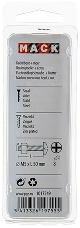 Mack 1017549 – Heizungsschraube + Mutter aus verzinktem Stahl, 8 Stück, M5 x 50 mm | 5 Stück