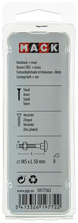 Mack 1017565 – Holzschraube + Mutter aus verzinktem Stahl, 8 Stück, M5 x 50 mm | 5 Stück