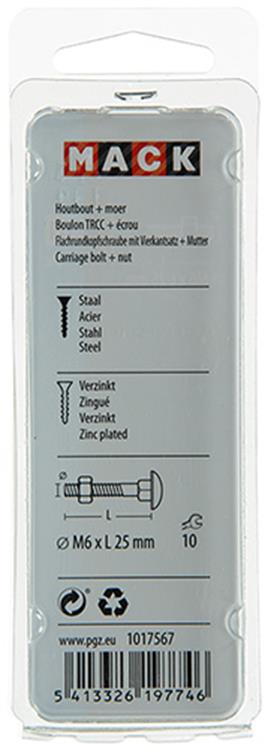 Mack 1017567 – Holzschraube + Mutter aus verzinktem Stahl, 9 Stück, M6 x 25 mm | 5 Stück
