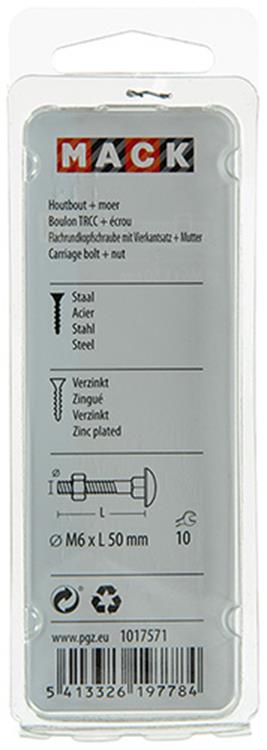 Mack 1017571 – Holzschraube + Mutter aus verzinktem Stahl, 7 Stück, M6 x 50 mm | 5 Stück