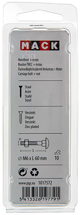 Mack 1017572 – Holzschraube + Mutter aus verzinktem Stahl, 6 Stück, M6 x 60 mm | 5 Stück
